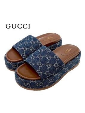 Gucci Sandals Shoes Denim Blue Brown GG Logo Platform Flat Mules
